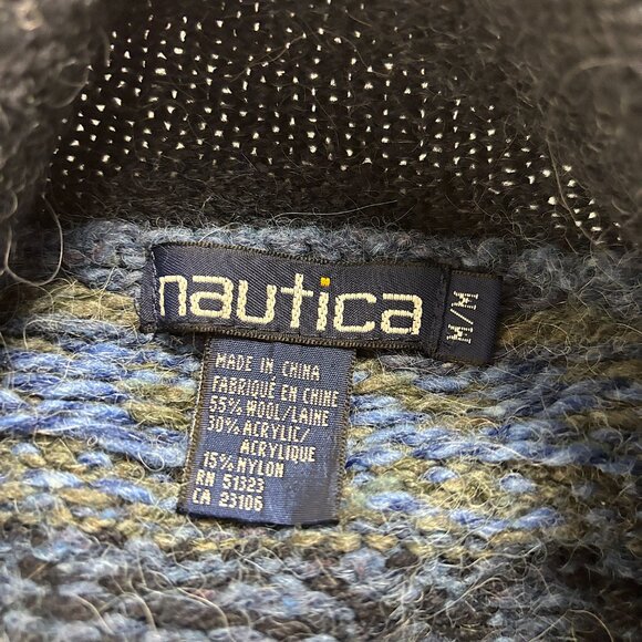 Nautica Womens Button Up Fair Isle Cardigan Sweater Blue Sz M Wool Blend Nordic - Picture 2 of 6